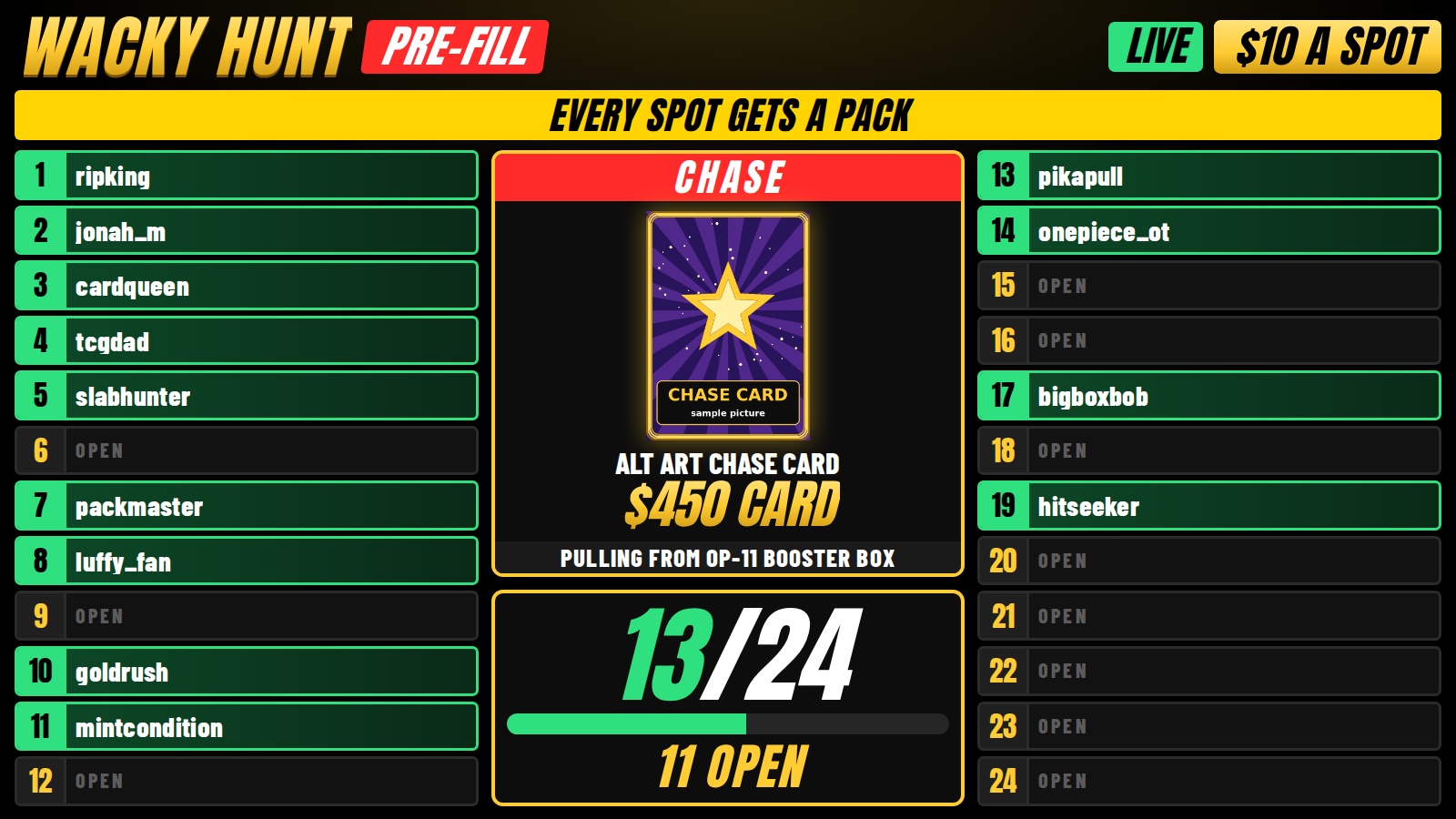 A $10 pre-fill board with spots filled in and a chase card